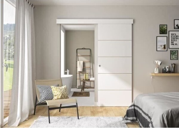 OPTIMUM - Kit porta scorrevole + binario + striscia - A. 204 x L. 83 x P. 4 cm - Bianco con rivestimento interno