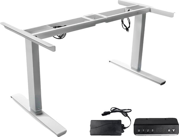 Struttura per scrivania regolabile in altezza, design ergonomico, robusta struttura in metallo, bianco, a due sezioni