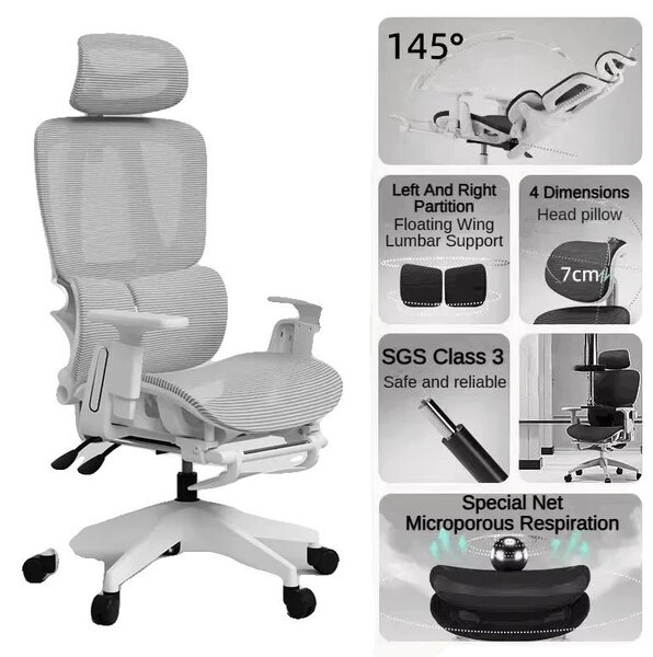 Sedia da ufficio, design ergonomico, funzioni regolabili, struttura bianca e grigio