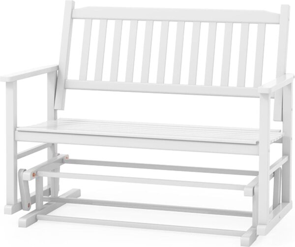 Panchina da giardino KOMFOTTEU resistente alle intemperie, panca a dondolo in legno massello, panca in legno a 2 posti fino a 225 kg, panca in legno con schienale ricurvo 126 x 68 x 100 cm, bianca