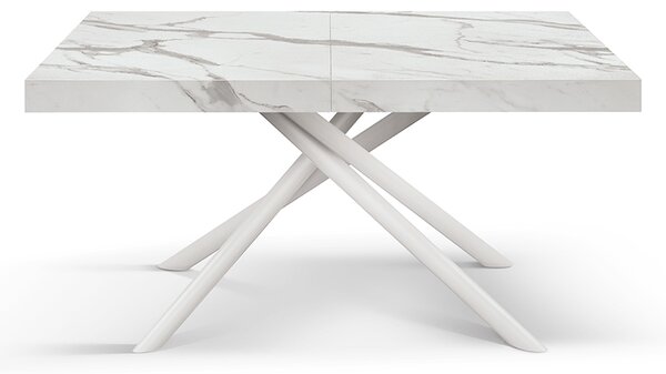 Tavolo allungabile bianco marmo statuario con gambe incrociate bianche tubolari menego 160x90