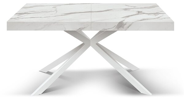 Tavolo allungabile bianco marmo statuario con gambe incrociate Family bianche 160x90