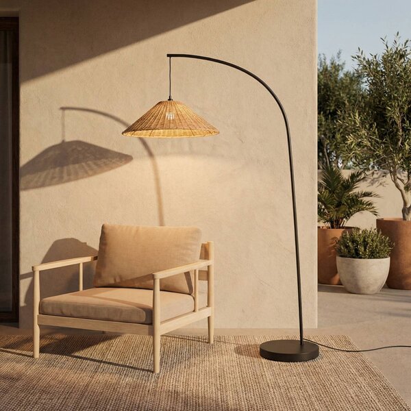 Lucande Lampada da terra esterno Taniola, conica, rattan, 195 cm, IP44 Taniola, Legno scuro, Legno, Campagna / Rustiche