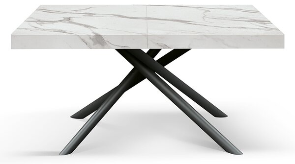 Tavolo allungabile bianco marmo statuario con gambe incrociate nere tubolari menego 140x90
