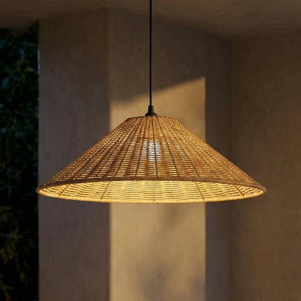 Lucande Lampada a sospensione da esterno Taniola, 1 luce, conica, Ø 60 cm Taniola Lucande, dimmerabile, Legno scuro, Legno, Campagna / Rustiche