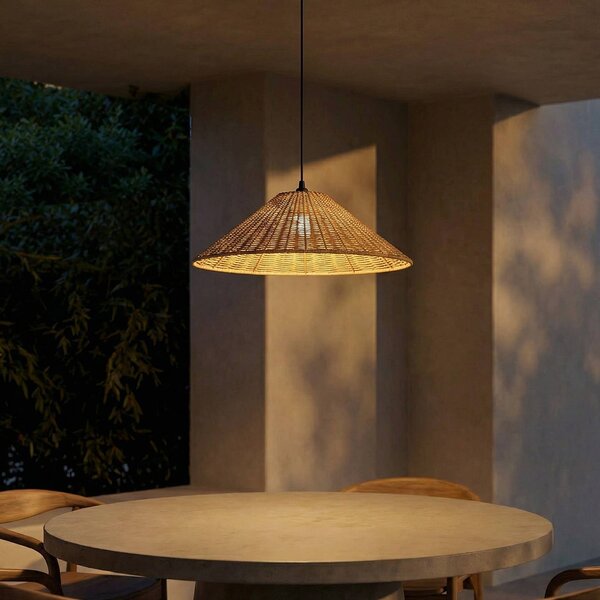 Lucande Lampada a sospensione da esterno Taniola, 1 luce, conica, Ø 60 cm Taniola Lucande, dimmerabile, Legno scuro, Legno, Campagna / Rustiche