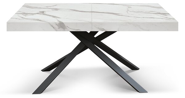 Tavolo allungabile bianco marmo statuario con gambe incrociate shangay nere 160x90