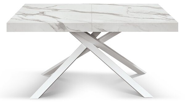 Tavolo allungabile bianco marmo statuario con gambe incrociate shangay bianche 160x90