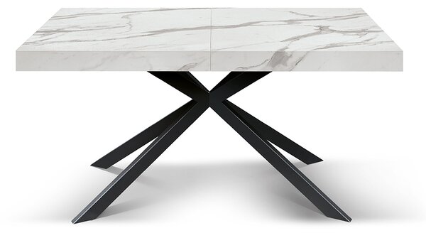 Tavolo allungabile bianco marmo statuario con gambe incrociate Family nere 140x90
