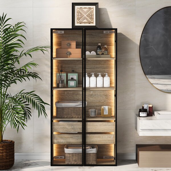 Mobiletto da bagno Sweiko, medio, con luce, larghezza 73 cm, con 2 cassetti grandi e 2 ante, porta in vetro