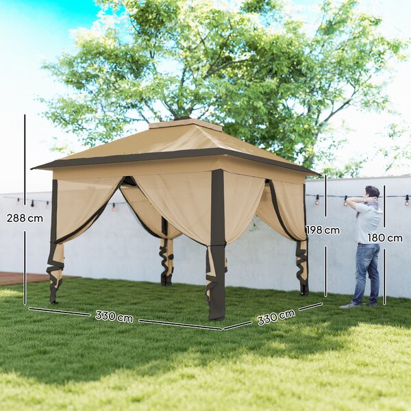 Outsunny Gazebo Pieghevole con Zanzariera e Doppio Tettuccio, 330x330x288cm, Beige|Aosom