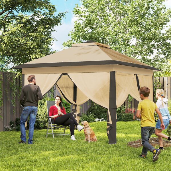 Outsunny Gazebo Pieghevole con Zanzariera e Doppio Tettuccio, 330x330x288cm, Beige|Aosom