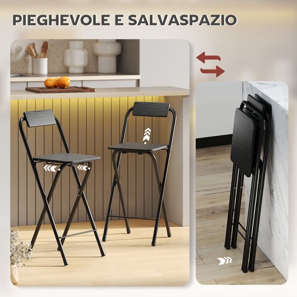 HOMCOM Set 2 Sgabelli da Bar Pieghevoli con Poggiapiedi, in Legno e Acciaio, per bar, cucine, sale da pranzo e balconi, 37x45x87cm, Nero | Aosom Italy