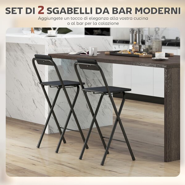 HOMCOM Set 2 Sgabelli da Bar Pieghevoli con Poggiapiedi, in Legno e Acciaio, per bar, cucine, sale da pranzo e balconi, 37x45x87cm, Nero | Aosom Italy