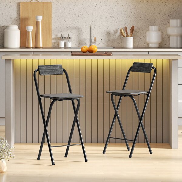 HOMCOM Set 2 Sgabelli da Bar Pieghevoli con Poggiapiedi, in Legno e Acciaio, per bar, cucine, sale da pranzo e balconi, 37x45x87cm, Nero | Aosom Italy