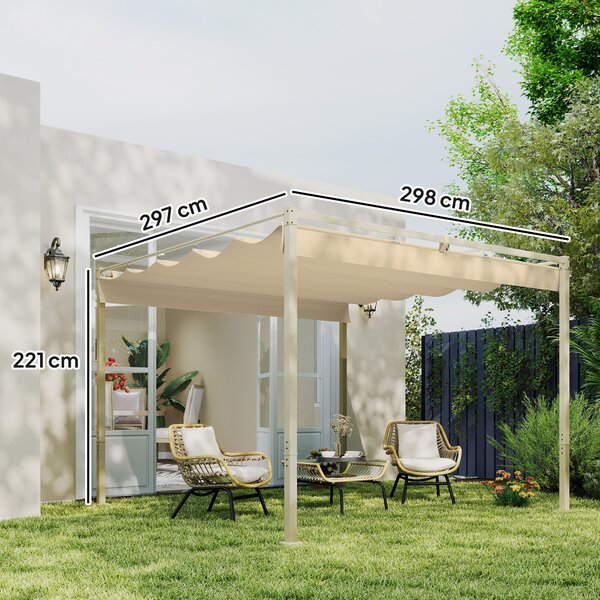 Outsunny Gazebo Pergola 3x3 m con Tettuccio Retrattile, 8 Viti e 8 Picchetti, in Poliestere 180g e Metallo, Cachi