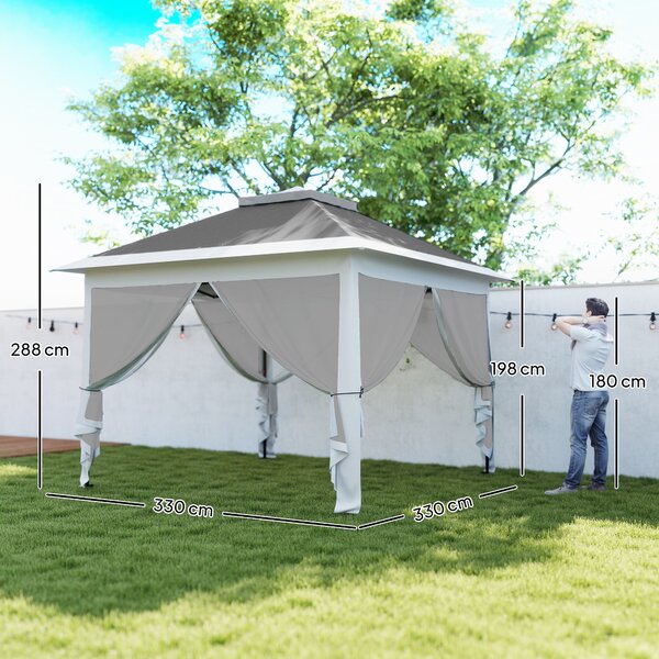 Outsunny Gazebo da Esterno ad Altezza Regolabile con Zanzariere, in Metallo e Tessuto Oxford, 3.3x3.3x2.8 m, Grigio Scuro