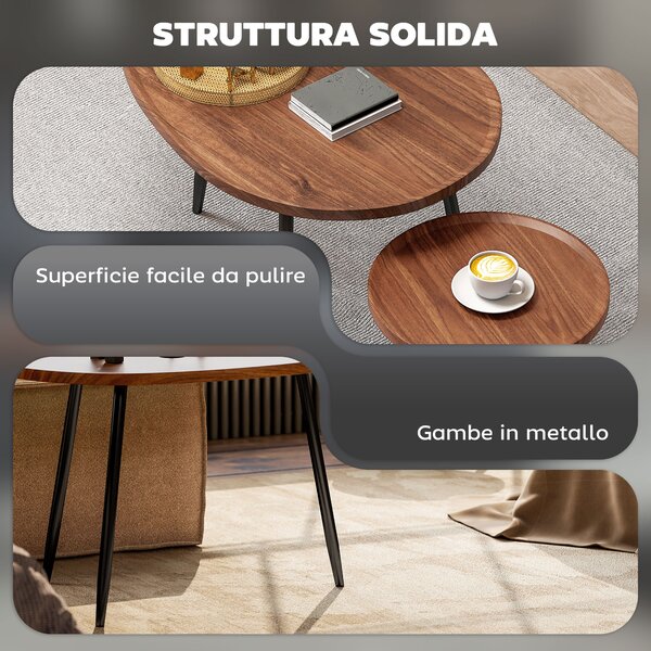 HOMCOM Set 2 Tavolini da Salotto Sovrapponibili in Legno e Metallo, Colore Legno Scuro | Aosom Italy