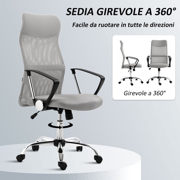 HOMCOM Sedia Ergonomica da Ufficio Girevole, Altezza Regolabile e Schienale a Rete, 63x65x109-119 cm, Grigio Chiaro | Aosom Italy