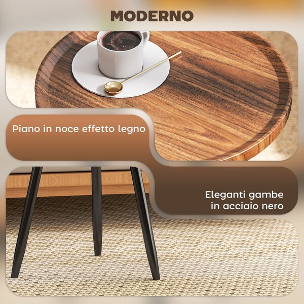 HOMCOM Tavolino da Caffè Rotondo con Bordo Rialzato e 3 Gambe, in Legno e Acciaio, Ø40x39 cm, Nero e color Legno | Aosom Italy