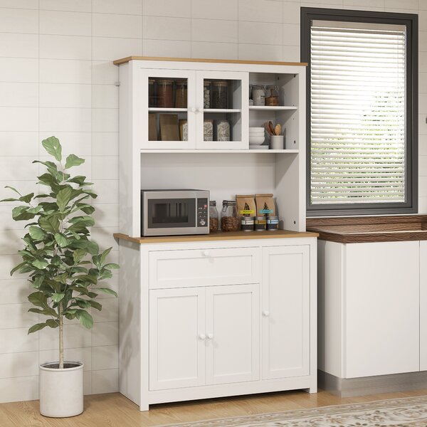 HOMCOM Mobile da cucina in stile country, 1 vetrina, 1 ripiano aperto, 1 cassetto, 2 armadi, naturale + bianco | Aosom Italy