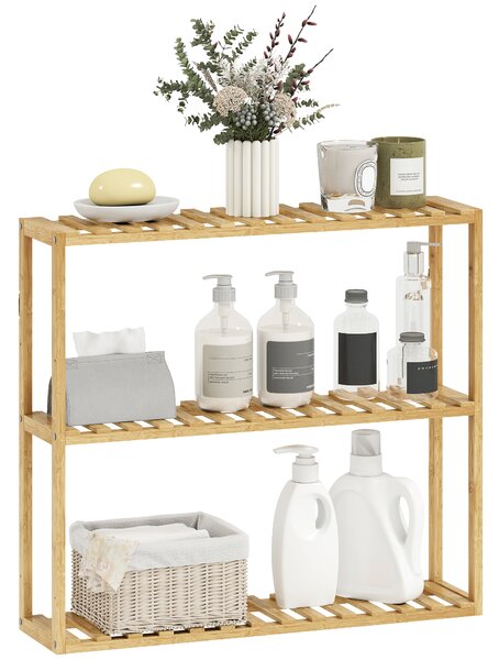 HOMCOM Scaffale da bagno in bambù regolabile, scaffale da bagno a 3 livelli, 60 x 15 x 54 cm, effetto legno naturale | Aosom Italy