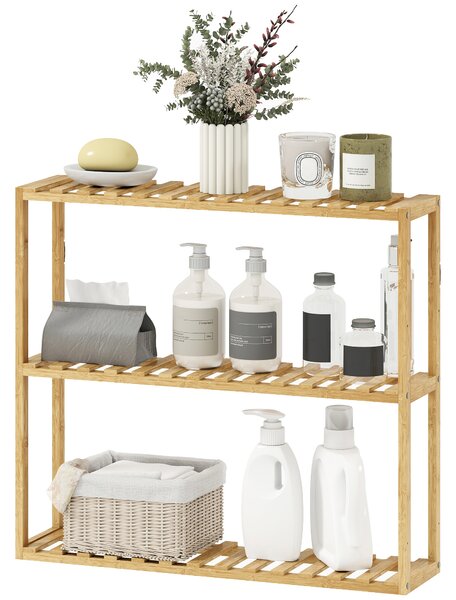 HOMCOM Scaffale da bagno in bambù regolabile, scaffale da bagno a 3 livelli, 60 x 15 x 54 cm, effetto legno naturale | Aosom Italy