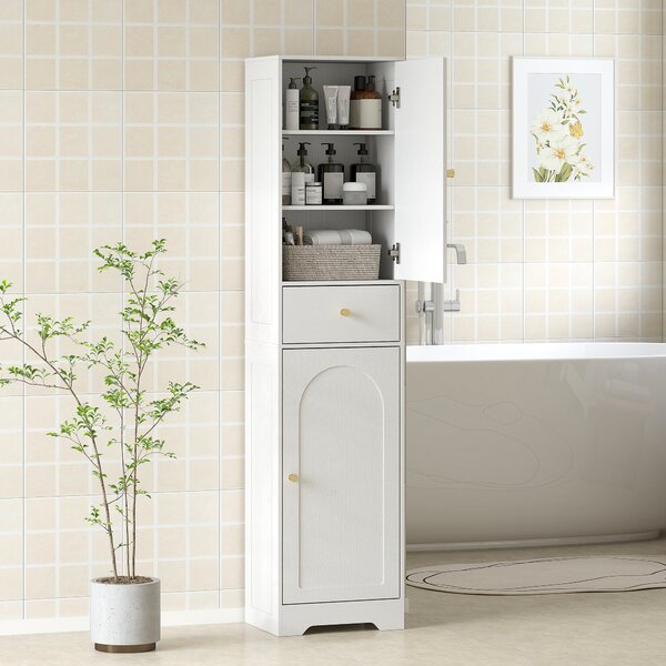 HOMCOM Armadietto Alto da Bagno Stretto con 2 Porte Arco Cassetto e Ripiani Regolabili Moderno 40x29,5x170 cm Bianco Veteado | Aosom Italy