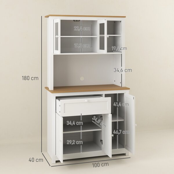 HOMCOM Mobile da cucina in stile country, 1 vetrina, 1 ripiano aperto, 1 cassetto, 2 armadi, naturale + bianco | Aosom Italy