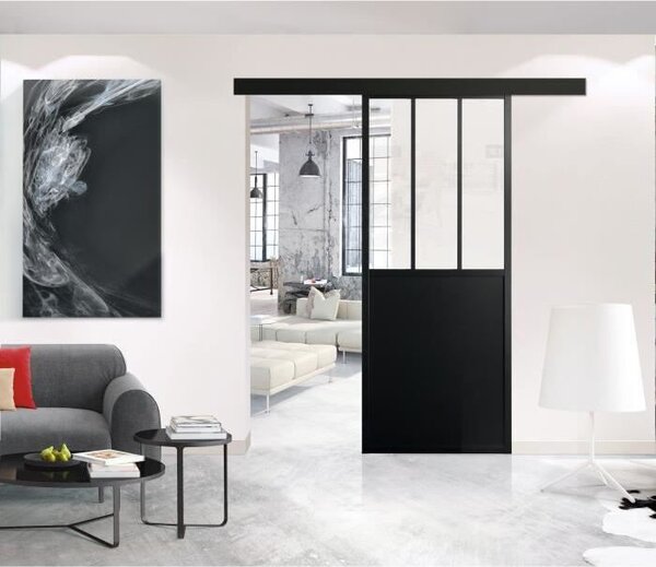 OPTIMUM - Porta scorrevole + binario + kit battuta da officina - A 204 x L 73 x P 4 cm - Vetro nero trasparente