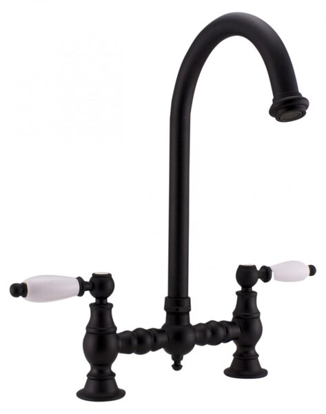 PB Rubinetto da cucina in stile retrò, nero opaco, bocca rotonda con maniglie bianche PBN.ZW.R.WH