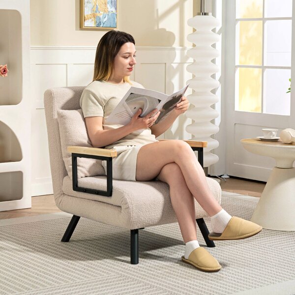 HOMCOM Divano Letto Singolo Pieghevole Divano Letto Convertibile 4 in 1 Schienale Regolabile 5 Livelli e Cuscino 63x73x81 cm Beige | Aosom Italy
