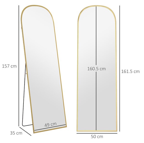 HOMCOM Specchio da Terra e Parete Moderno in Lega di Alluminio con Supporto Pieghevole, 50x161.5cm, Oro | Aosom Italy