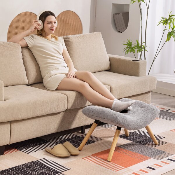 HOMCOM Pouf moderno con rivestimento in pile e gambe in legno, imbottito, per soggiorno, camera da letto, ingresso, Grigio chiaro | Aosom Italy