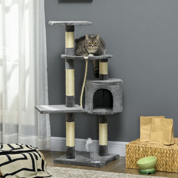 PawHut Rascador per Gatti Altezza 116 cm Albero per Gatti con Pali di Sisal Cuccia Piattaforme e Giocattoli Grigio Scuro | Aosom Italy