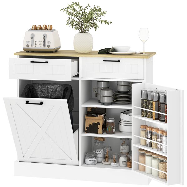 HOMCOM Buffet cucina con vano pattumiera 38 L, mobile salvaspazio da cucina, 2 cassetti, portaspezie e piano di lavoro, bianco | Aosom Italy
