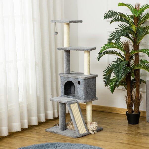 PawHut Albero Tiragraffi Multilivello con Casetta, Scala, Pallina e Pali in Sisal, 48x48x125 cm, Grigio | Aosom Italy