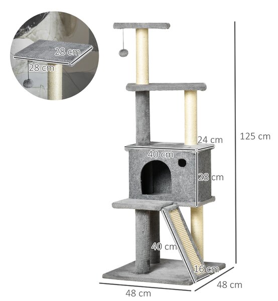 PawHut Albero Tiragraffi Multilivello con Casetta, Scala, Pallina e Pali in Sisal, 48x48x125 cm, Grigio | Aosom Italy