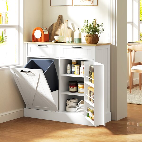 HOMCOM Buffet cucina con vano pattumiera 38 L, mobile salvaspazio da cucina, 2 cassetti, portaspezie e piano di lavoro, bianco | Aosom Italy