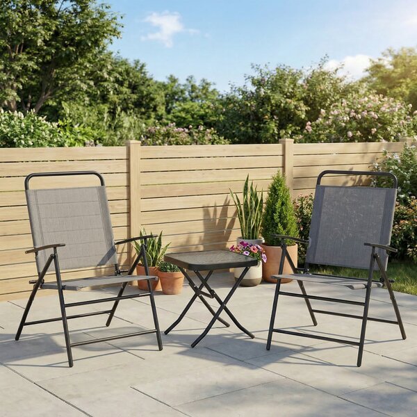 Outsunny Set da Giardino con Tavolo con Piano in Vetro e 2 Sedie Pieghevoli con Schienale Regolabile, Grigio
