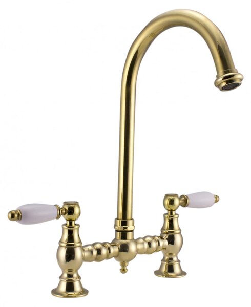 PB Rubinetto da cucina in stile retrò in ottone naturale con bocca rotonda e maniglie bianche PBN.MES.R.WH