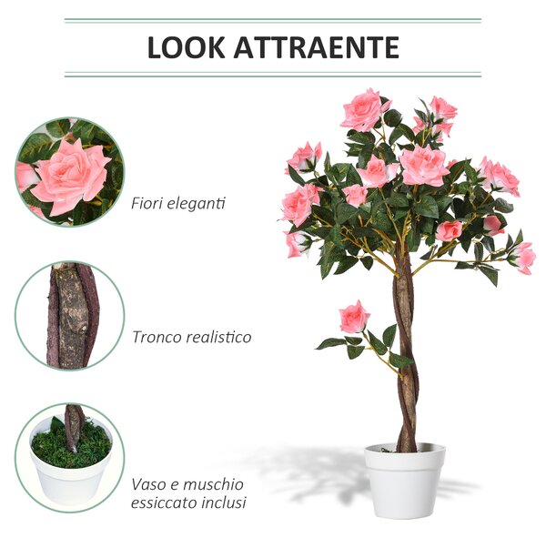 Outsunny Pianta Finta di Rosa da 21 Fiori con Vaso Riempito in Cemento e Muschio, Ø18x90 cm, Rosa | Aosom Italy
