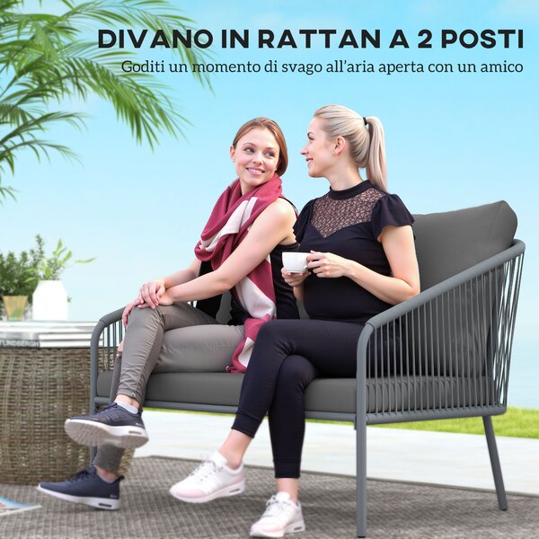 Outsunny Divano 2 Posti Stile Boho con Cuscini Sfoderabili e Braccioli, in Acciaio e Rattan PE, 112x72x76 cm, Grigio | Aosom Italy