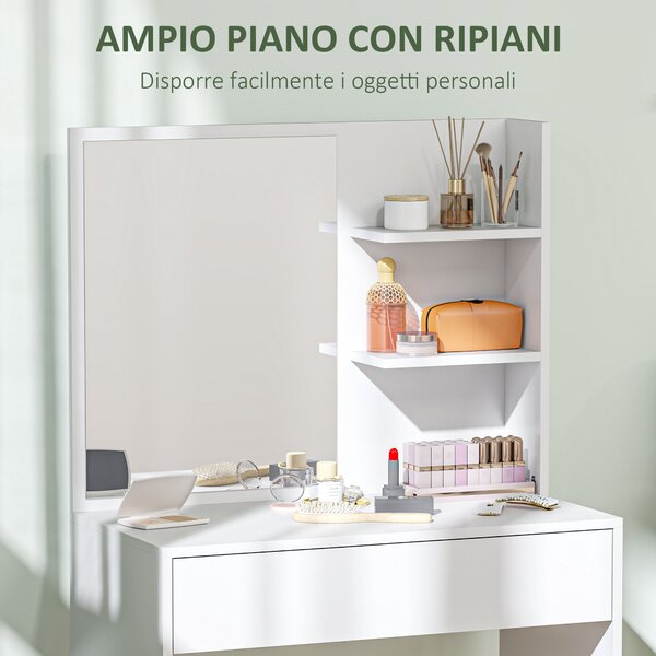 HOMCOM Tavolo da Trucco con Specchio, 3 Ripiani ad Angolo e Cassetto, in Legno e Vetro, 75x40x137 cm, Bianco | Aosom Italy