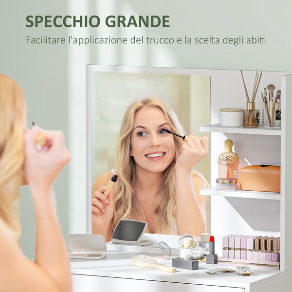 HOMCOM Tavolo da Trucco con Specchio, 3 Ripiani ad Angolo e Cassetto, in Legno e Vetro, 75x40x137 cm, Bianco | Aosom Italy