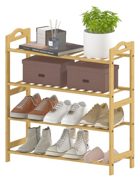 HOMCOM Scaffalatura porta-scarpe in bambù a 4 livelli porta-scarpe capacità 12 paia, 67,5 x 24,7 x 72 cm, effetto legno naturale | Aosom Italy