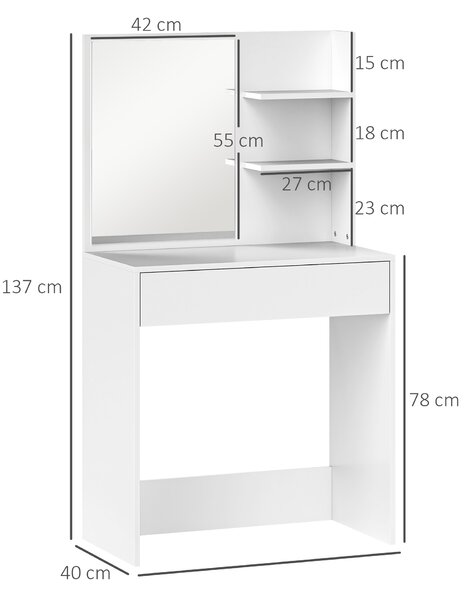 HOMCOM Tavolo da Trucco con Specchio, 3 Ripiani ad Angolo e Cassetto, in Legno e Vetro, 75x40x137 cm, Bianco | Aosom Italy