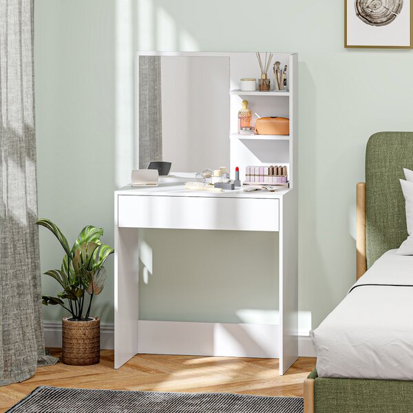 HOMCOM Tavolo da Trucco con Specchio, 3 Ripiani ad Angolo e Cassetto, in Legno e Vetro, 75x40x137 cm, Bianco | Aosom Italy