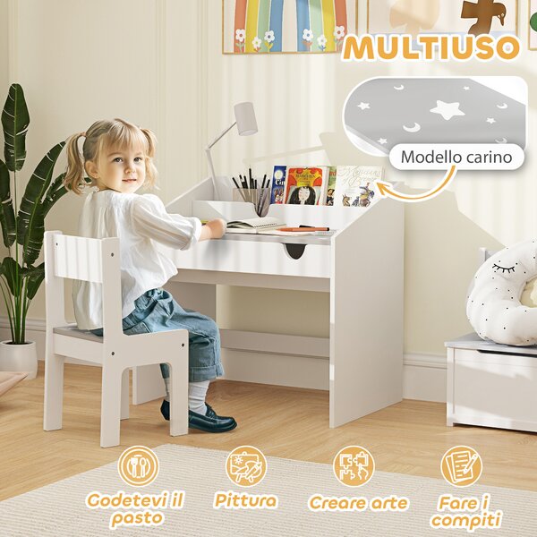 AIYAPLAY Set Sedia e Tavolino per Bambini 3-6 Anni con Organizzatore e Cassetto Estraibile, in Legno Grigio | Aosom Italy