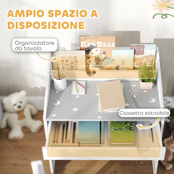 AIYAPLAY Set Sedia e Tavolino per Bambini 3-6 Anni con Organizzatore e Cassetto Estraibile, in Legno Grigio | Aosom Italy
